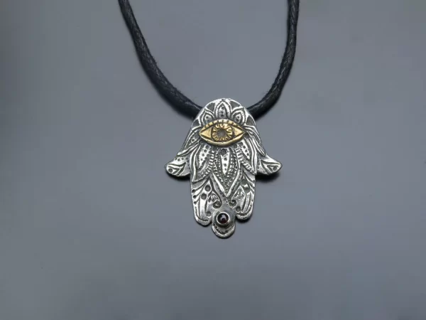 Hamsa silver pendant with garnet stone - Image 2