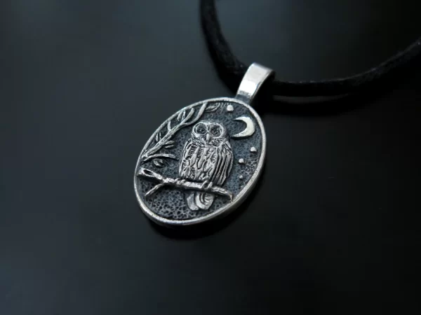 Silver owl in night forest pendant