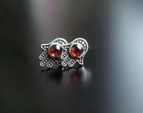 Handmade hamsa with garnet silver earrings - Image 2