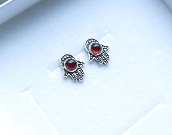 Handmade hamsa with garnet silver earrings