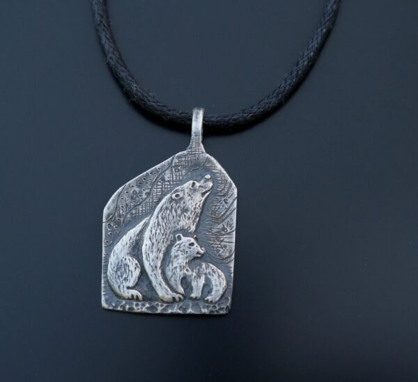 Handmade Polar Bear mother with a cub silver pendant - Image 2