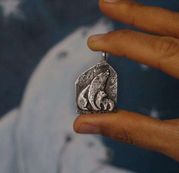 Handmade Polar Bear mother with a cub silver pendant - Image 5