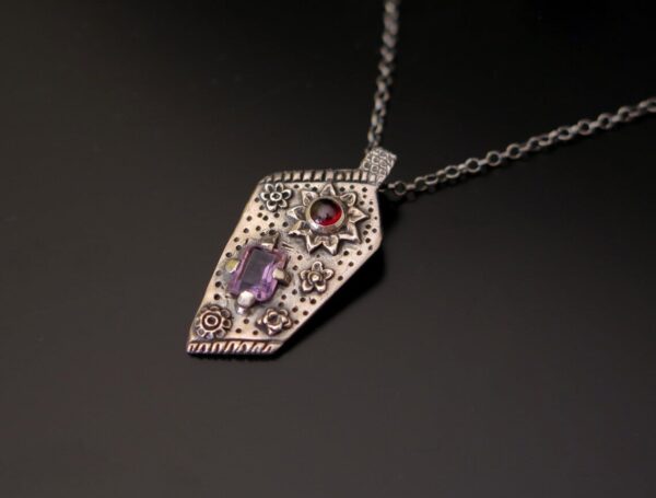 Floral Botanical Silver Pendant with Amethyst & Garnet - Image 5