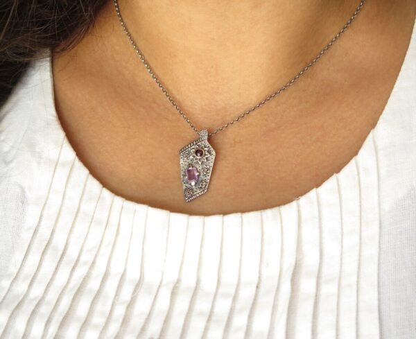 Floral Botanical Silver Pendant with Amethyst & Garnet - Image 4